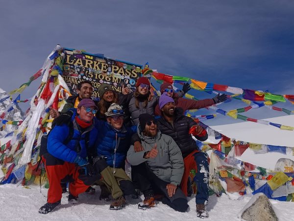 Trekker crossing Larke Pass on the Manaslu Circuit Trek in Nepal